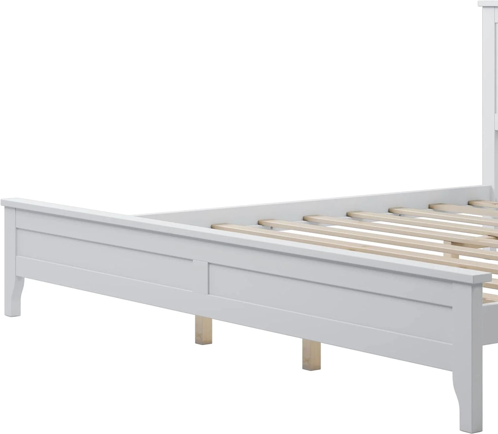 White Platform Bed with Headboard, Wood Bed Frame with Slat Support T679915