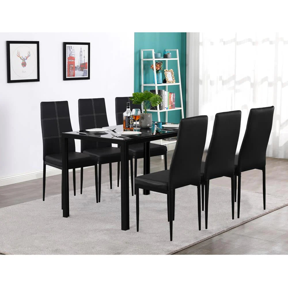 Black 7 Piece Glass Metal Dining Set A22762