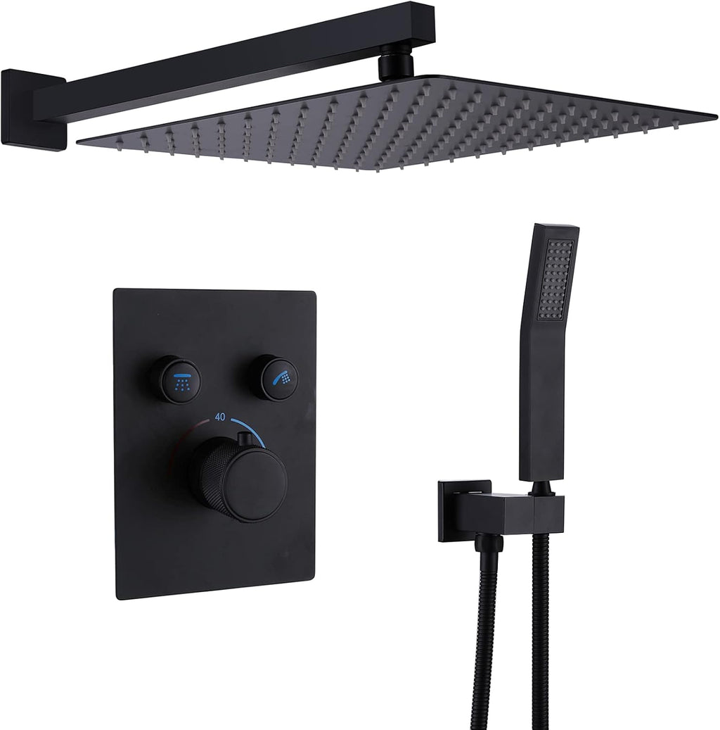 Matte Black 12 Inches Thermostatic Rain Shower Head Kit M496