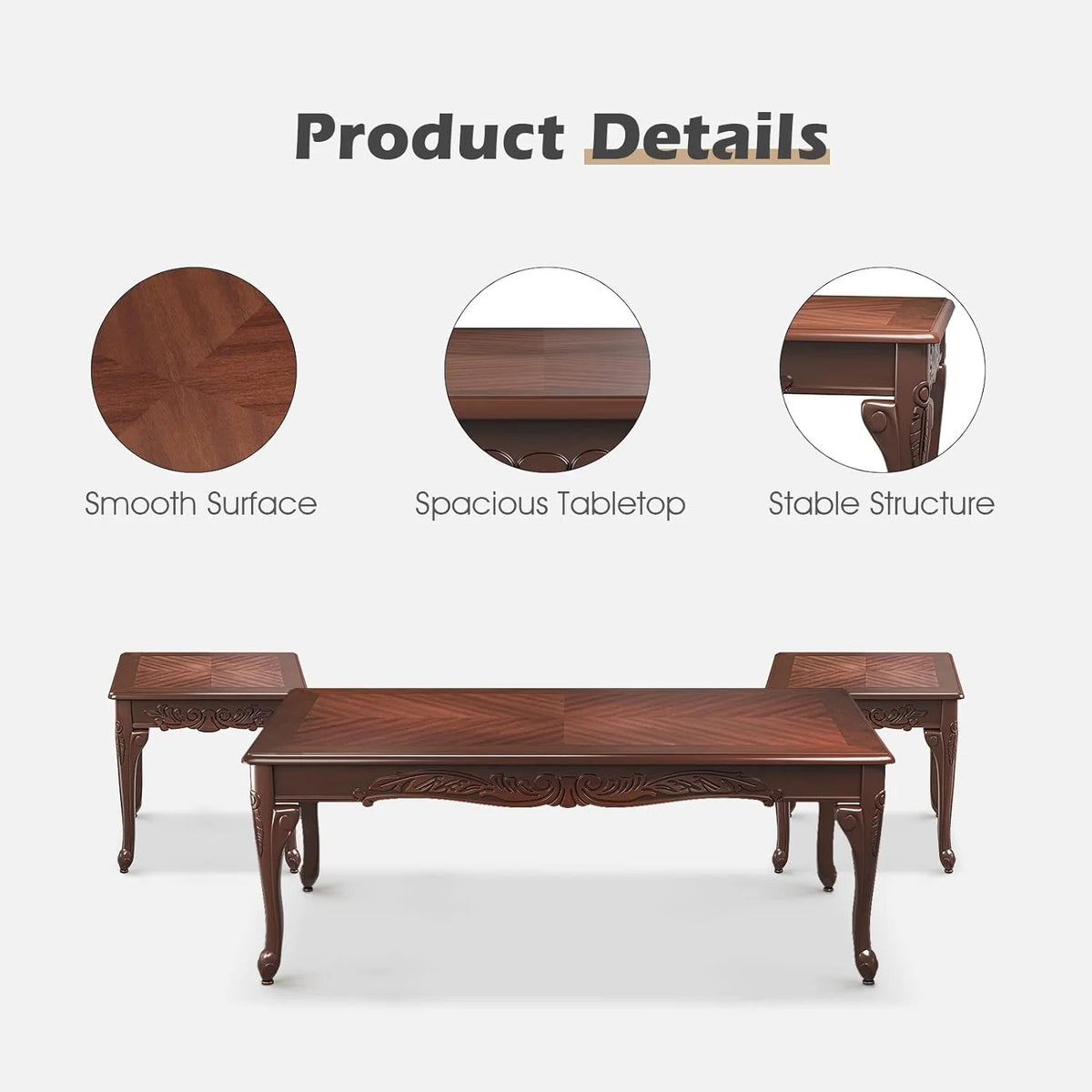 3 Piece Wood Coffee Table Set with 2 End Tables H186648