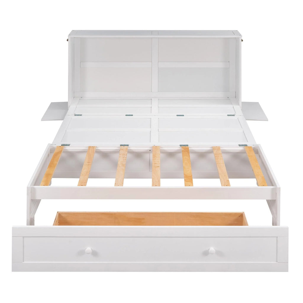 White Queen Size Wood Murphy Bed Cabinet with Storage Drawer Y44516