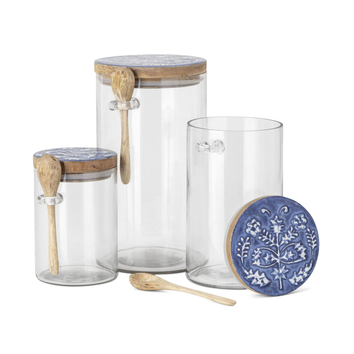 Glass Canister with Wooden Lid and Spoon Set of 3 C120