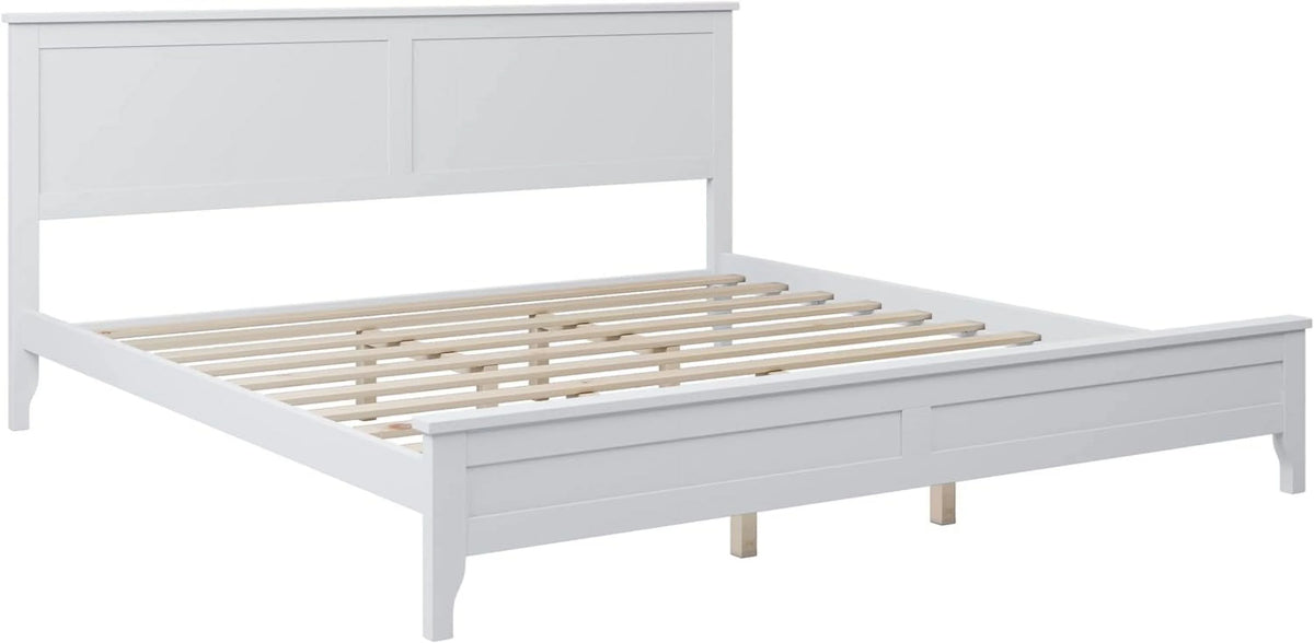 White Platform Bed with Headboard, Wood Bed Frame with Slat Support T679915