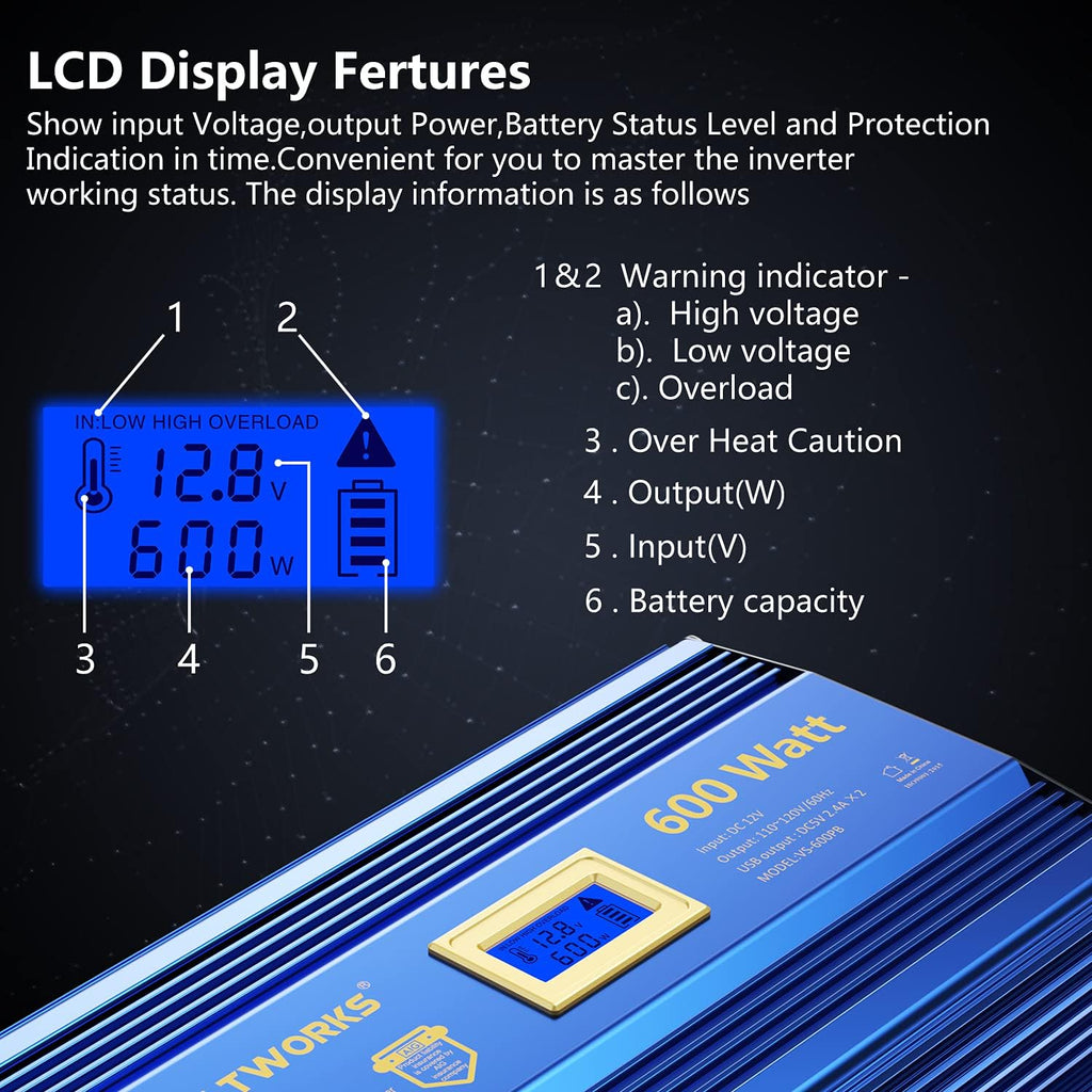 600 Watts Pure Sine Wave Power Inverter 12V to 110V 120V with USB Port & LCD Display V857