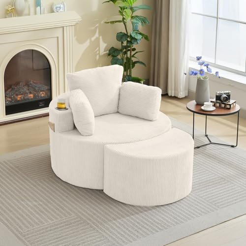 37" W Upholstered Round Barrel Accent Chair with Ottoman R722