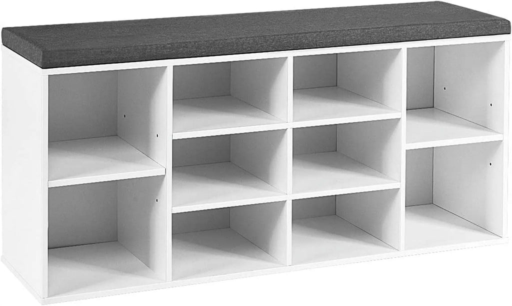 White Shoe Storage Bench with Cushion and Adjustable Shelves Y879471