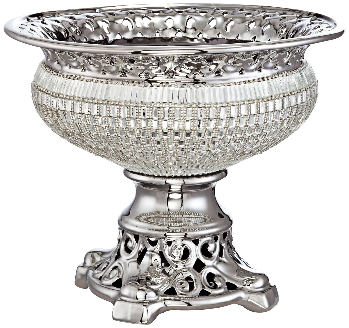 10 1/2" High Crystal and Silver Ceramic Bowl F7459