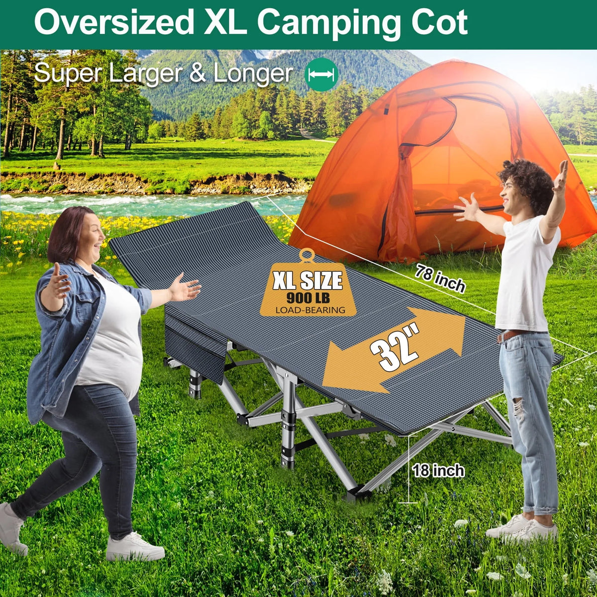Oversized XXL Folding Camping Cot with Mattress & Carry Bag P7505