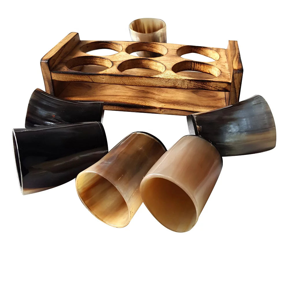 Viking Beer Wine Drinking Horn Glass Set Of 6 With Wooden Stand B445876