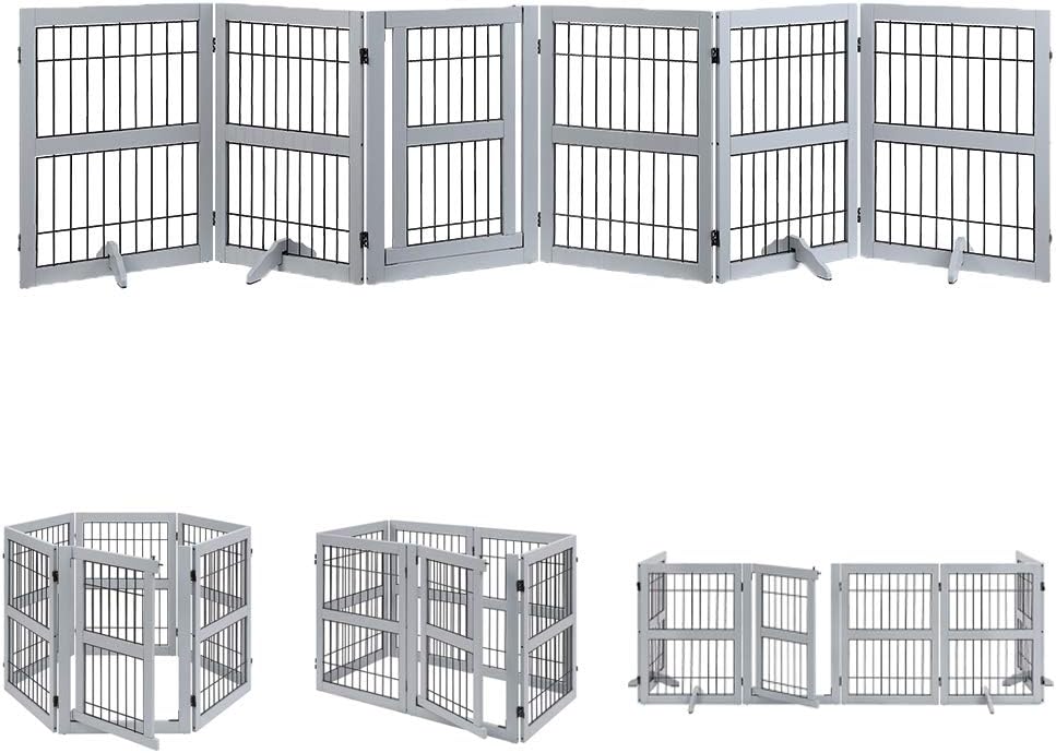 6 Panels Extra Wide Freestanding Walk Through Dog Gate with 4 Support Feet V508513