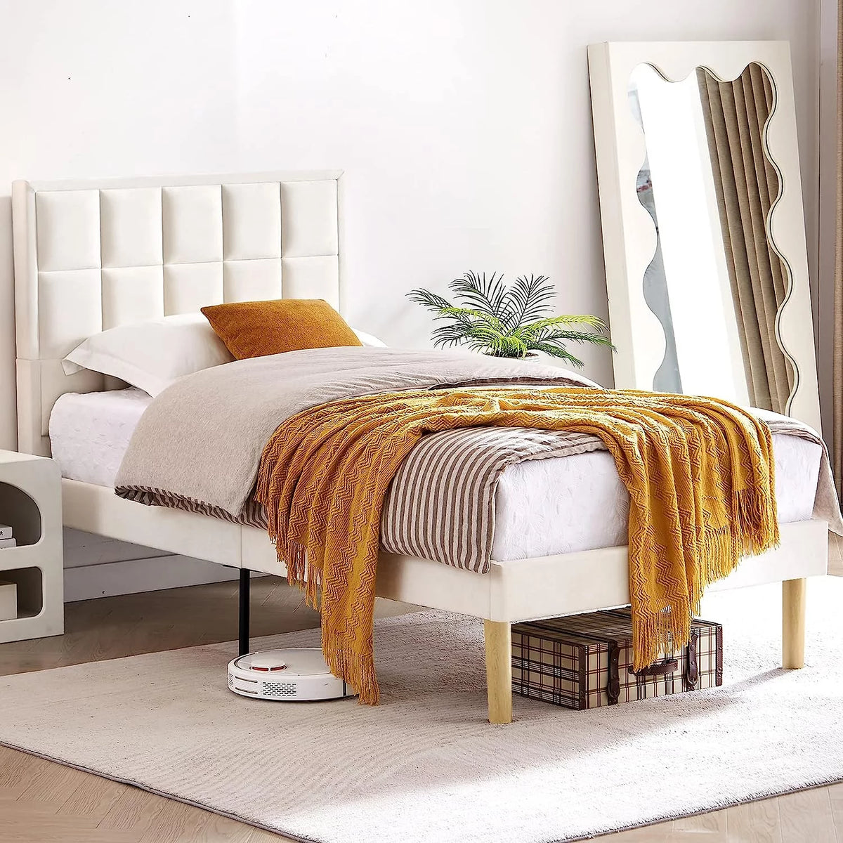 Queen Velvet Platform Bed Frame with Headboard H86485