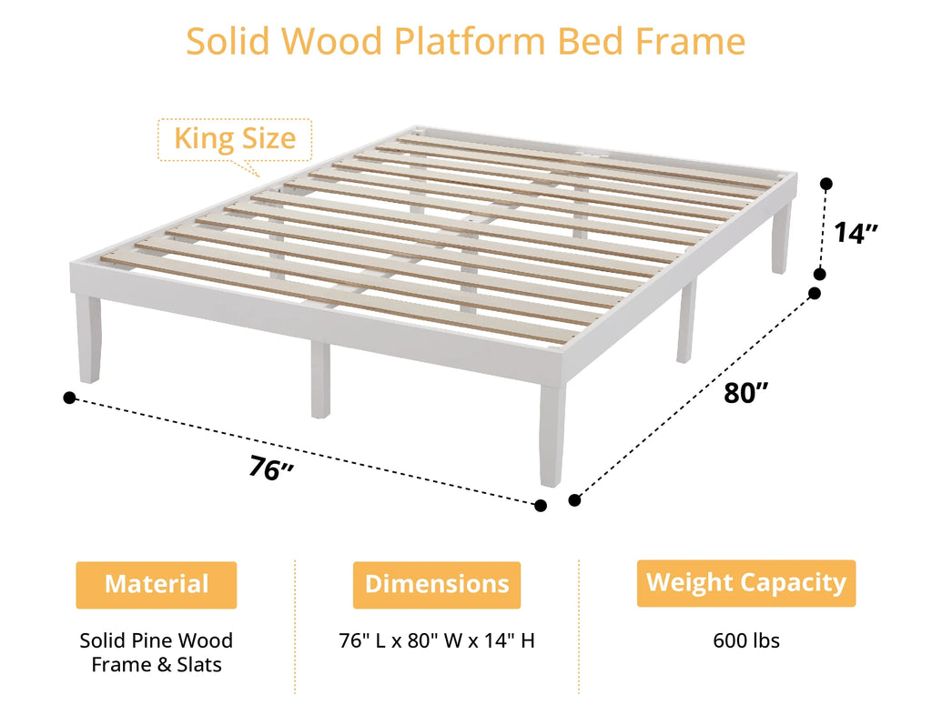 King Solid Wood Platform Bed Frame with Wooden Slats V89332