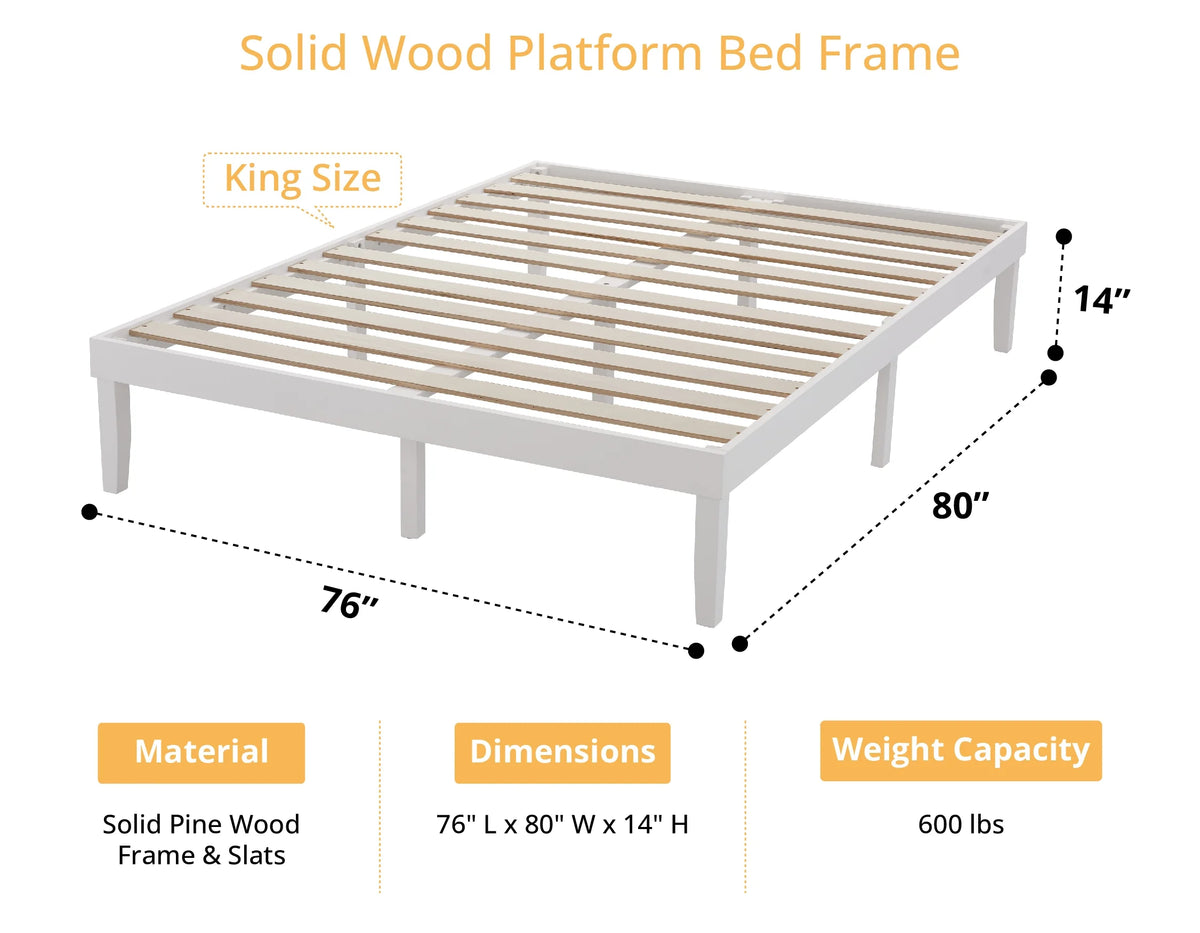 King Solid Wood Platform Bed Frame with Wooden Slats V89332