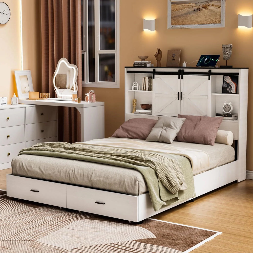 Queen Size Wooden Platform Bed Frame with Bookcase Headboard H24885