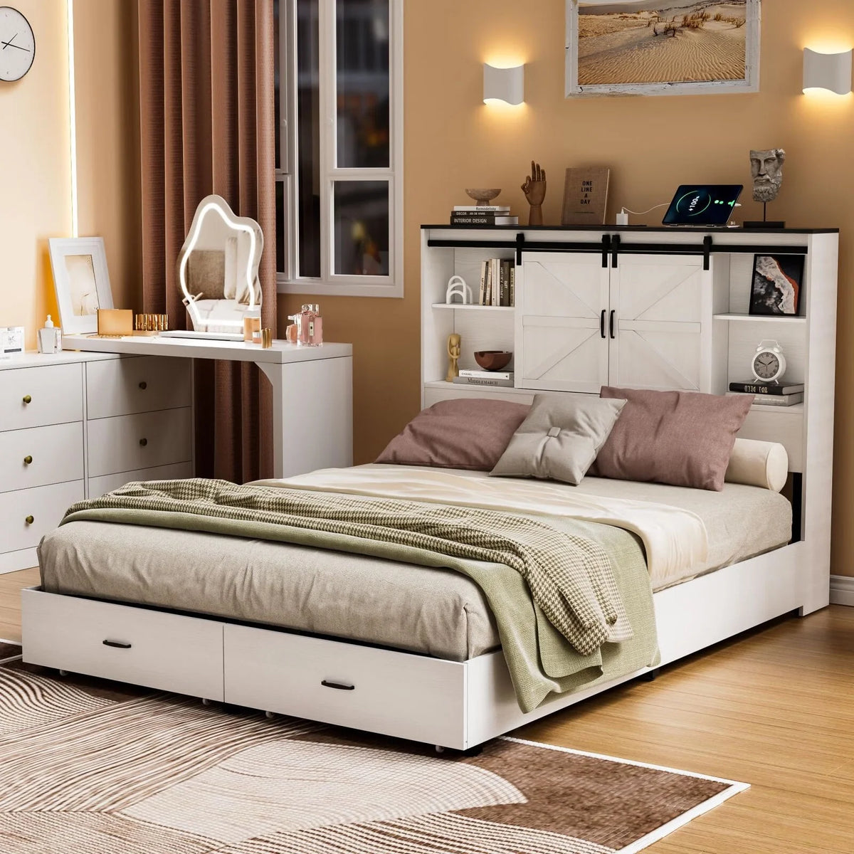Queen Size Wooden Platform Bed Frame with Bookcase Headboard H24885
