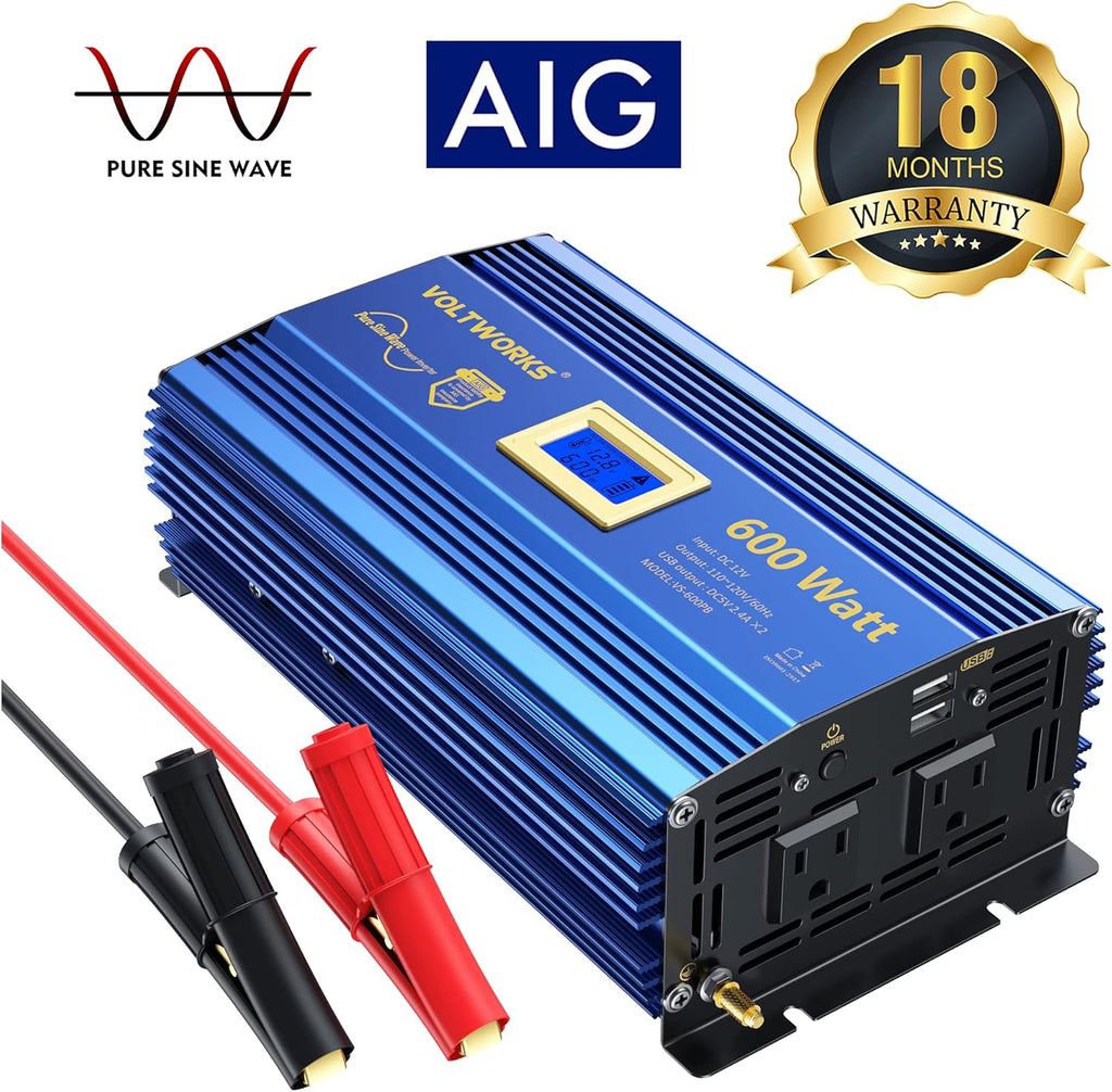 600 Watts Pure Sine Wave Power Inverter 12V to 110V 120V with USB Port & LCD Display V857