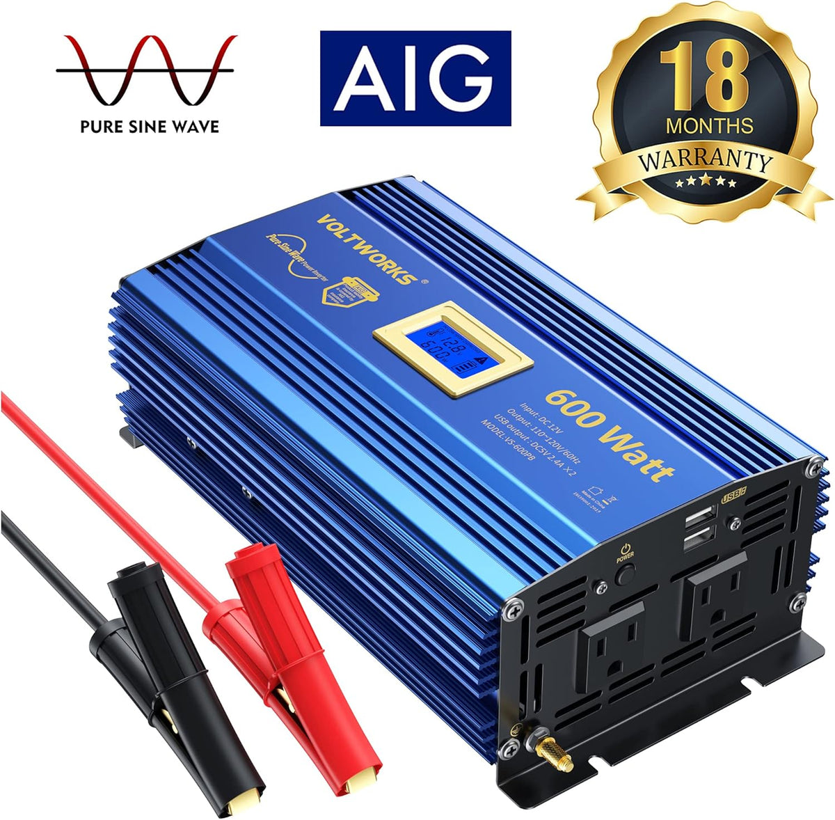 600 Watts Pure Sine Wave Power Inverter 12V to 110V 120V with USB Port & LCD Display V857