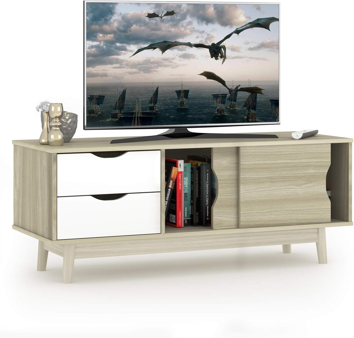 Oak Wood TV Stand with 2 Drawers and 2 Sliding Doors N469685