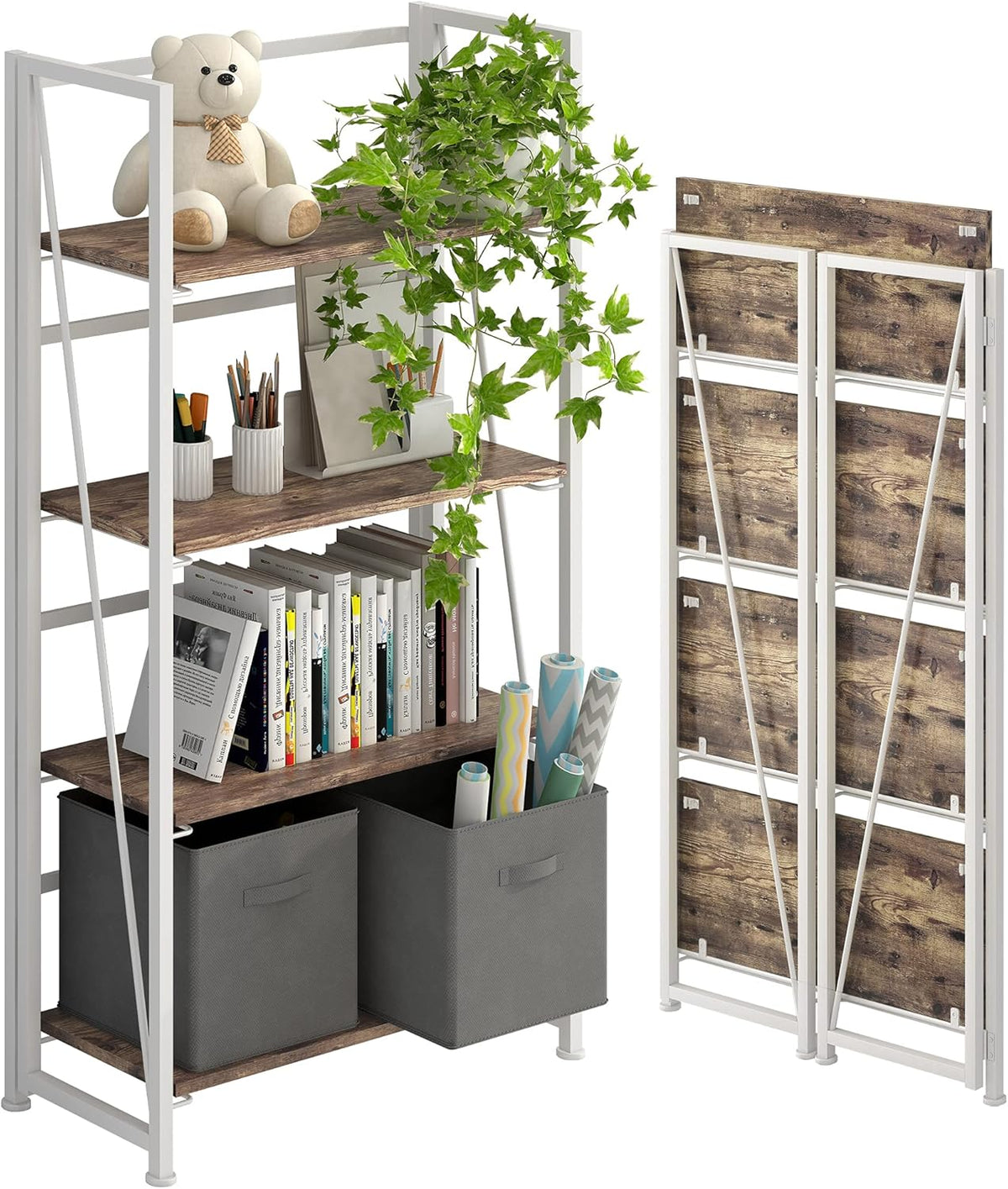 4 Tiers Folding Bookshelf Storage Shelves with 2 Drawers K7180