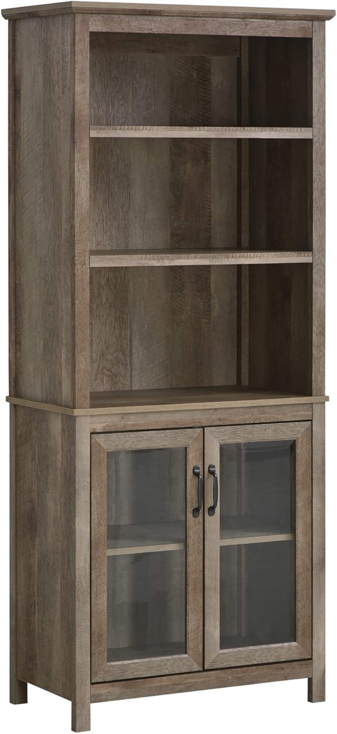 Natural Wood Bookcase Storage Hutch Cabinet with Adjustable Shelves and Glass Doors R5630
