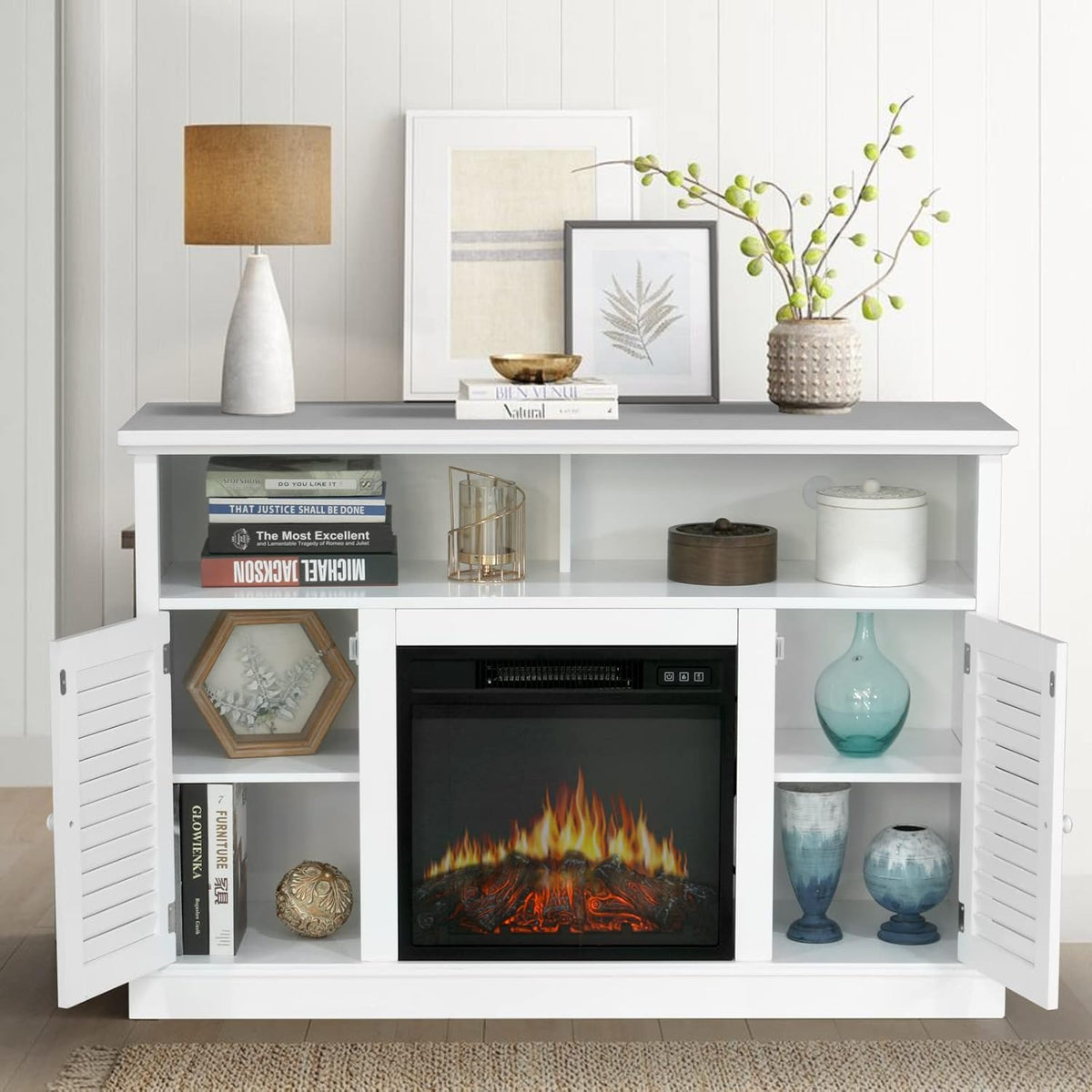 White Fireplace TV Stand with Adjustable Shelves U3324