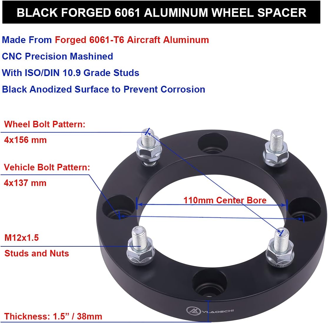 Black Forged 4x137 to 4x156 ATV Wheel Adapters 1.5 Inch Pack of 4 K32534