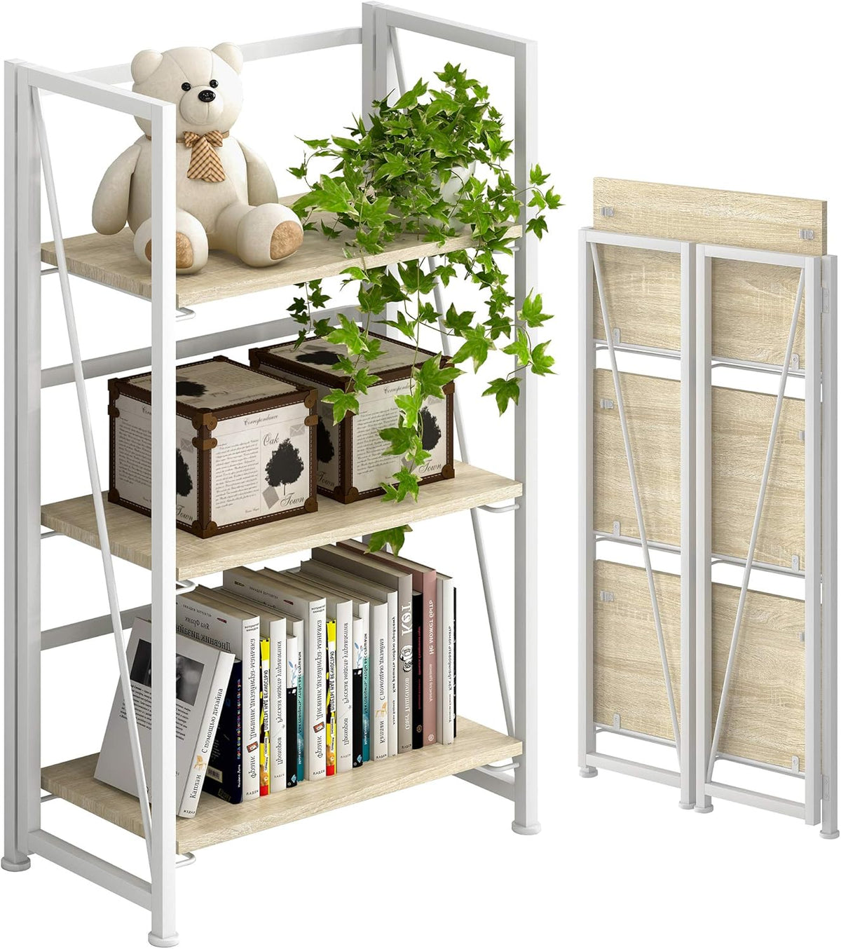 4 Tiers Folding Bookshelf Storage Shelves with 2 Drawers K7180