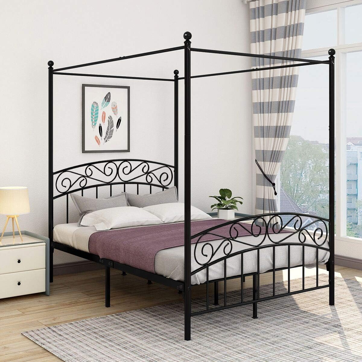 Queen Black Metal Canopy Bed Frame with Headboard & Footboard L2513