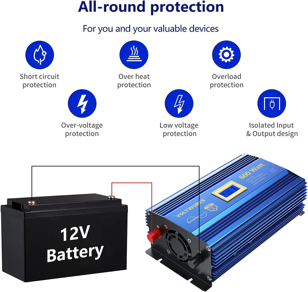 600 Watts Pure Sine Wave Power Inverter 12V to 110V 120V with USB Port & LCD Display V857
