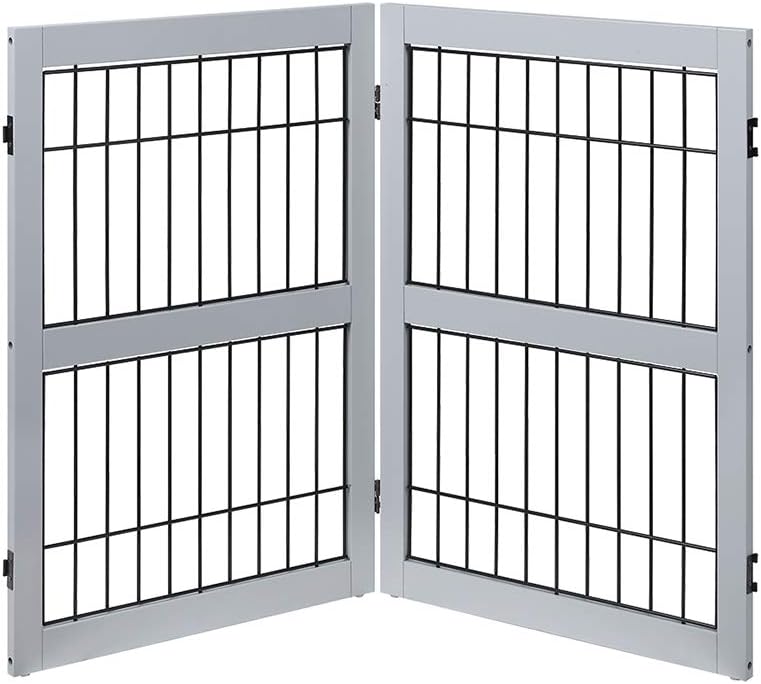 6 Panels Extra Wide Freestanding Walk Through Dog Gate with 4 Support Feet V508513