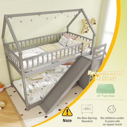White Wood Twin Over Twin Bunk Bed with Slide and Staircase K670998