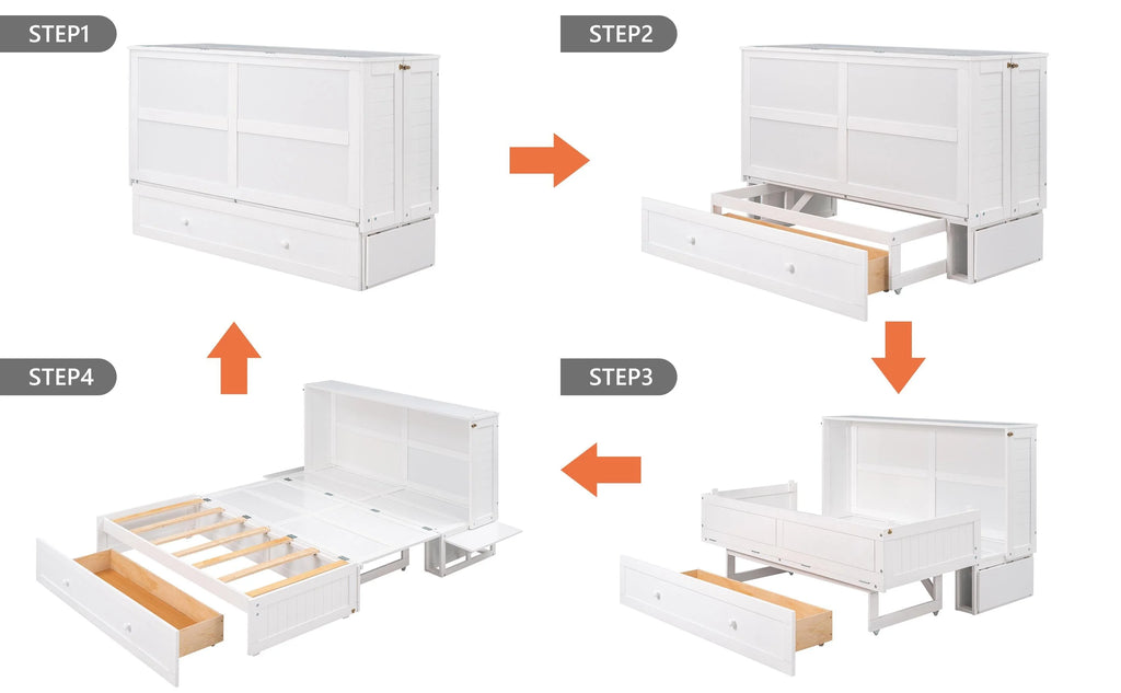 White Queen Size Wood Murphy Bed Cabinet with Storage Drawer Y44516
