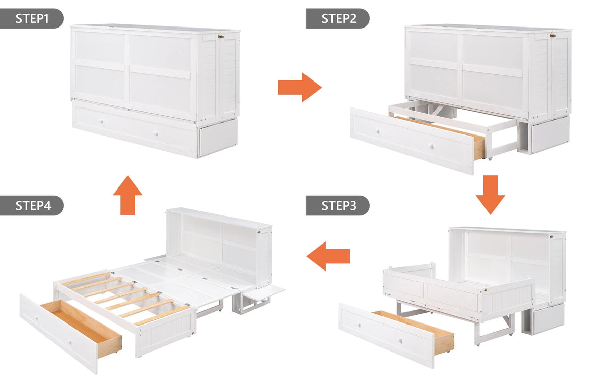White Queen Size Wood Murphy Bed Cabinet with Storage Drawer Y44516