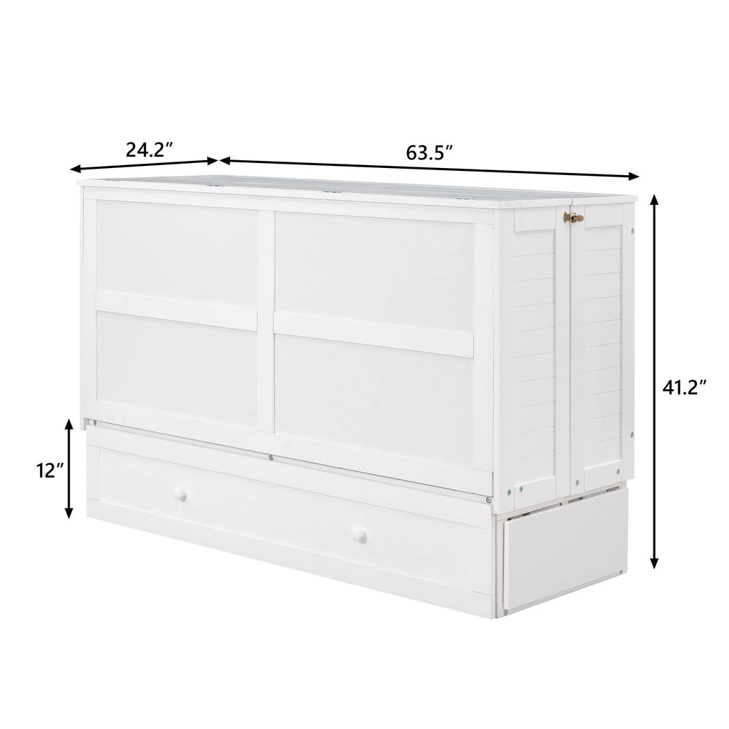 White Queen Size Wood Murphy Bed Cabinet with Storage Drawer Y44516