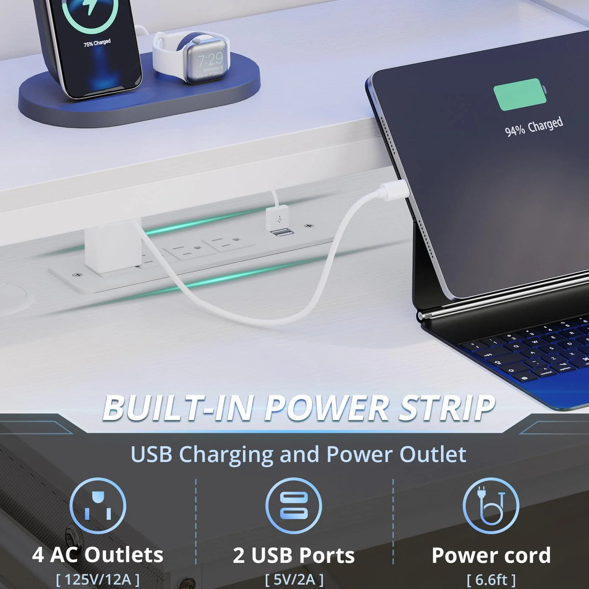 L Shaped Computer Desk with Power Outlet and LED Strip, Black I199