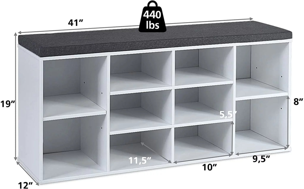 White Shoe Storage Bench with Cushion and Adjustable Shelves Y879471