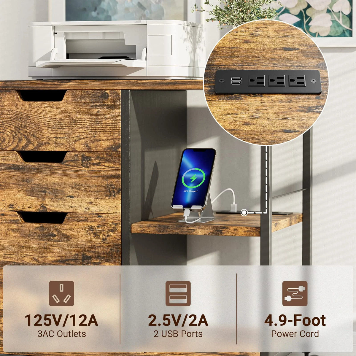 Rolling Wooden File Cabinet with 3 Drawers S932