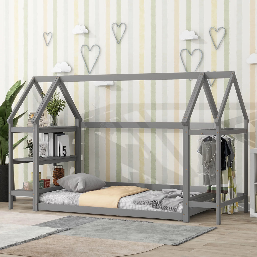 Twin House-Shaped Floor Bed Frame with 2 Detachable Stands S3767