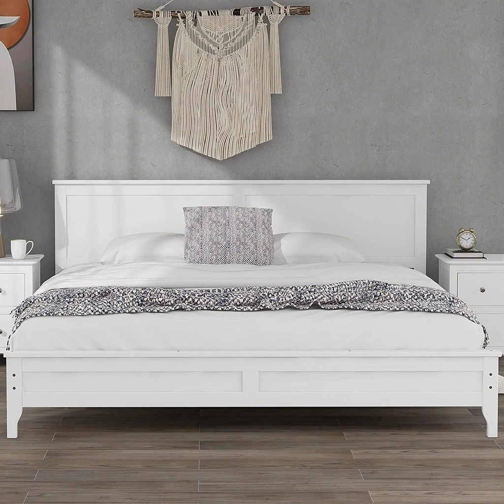 White Platform Bed with Headboard, Wood Bed Frame with Slat Support T679915