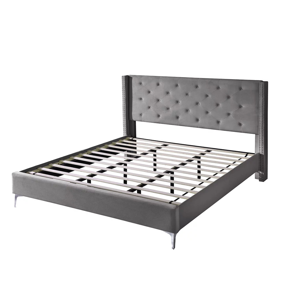 Wood Platform Bed Frame with Upholstered Headboard California King Gray J73069
