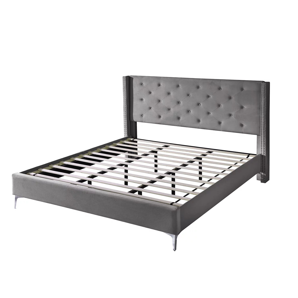 Wood Platform Bed Frame with Upholstered Headboard California King Gray J73069
