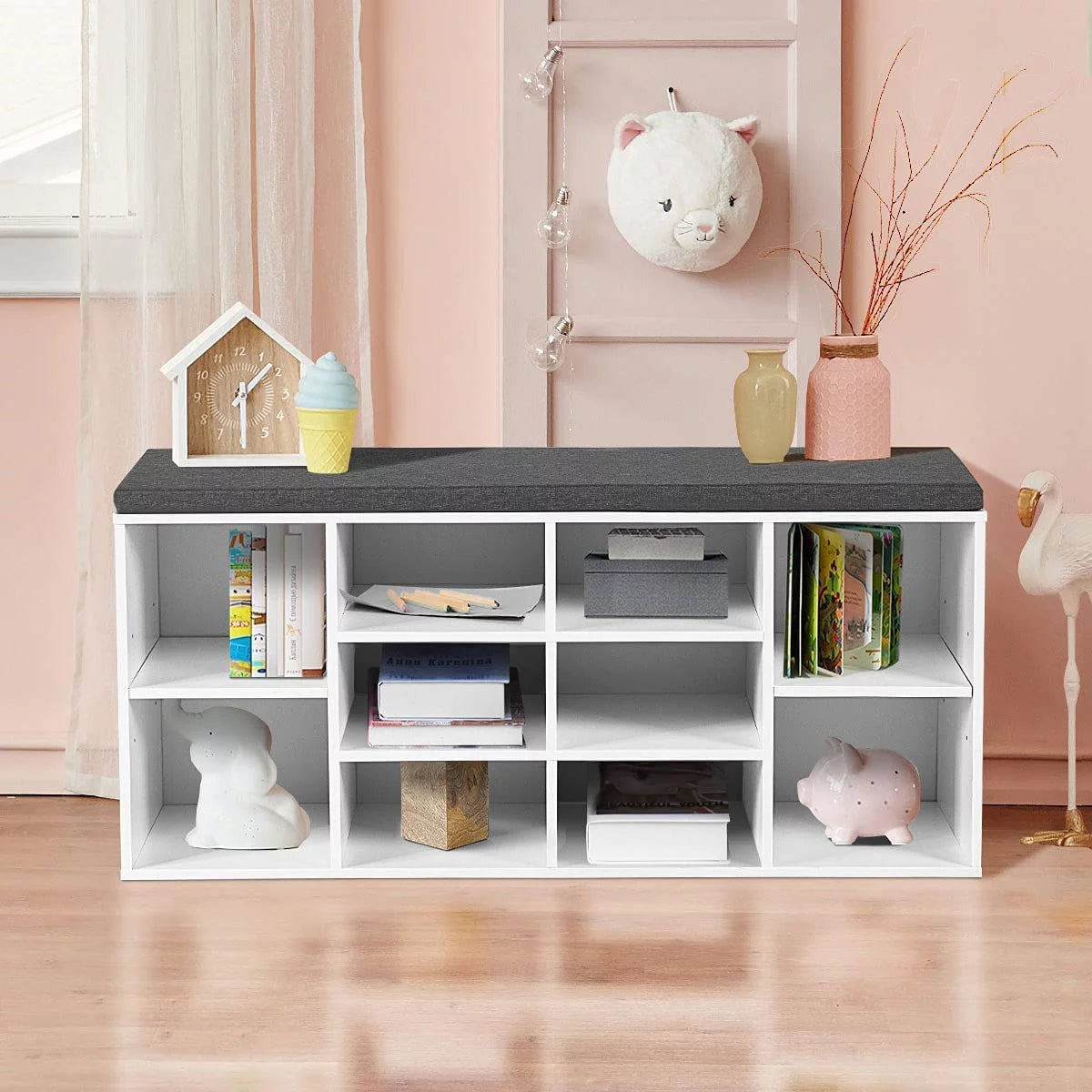 White Shoe Storage Bench with Cushion and Adjustable Shelves Y879471