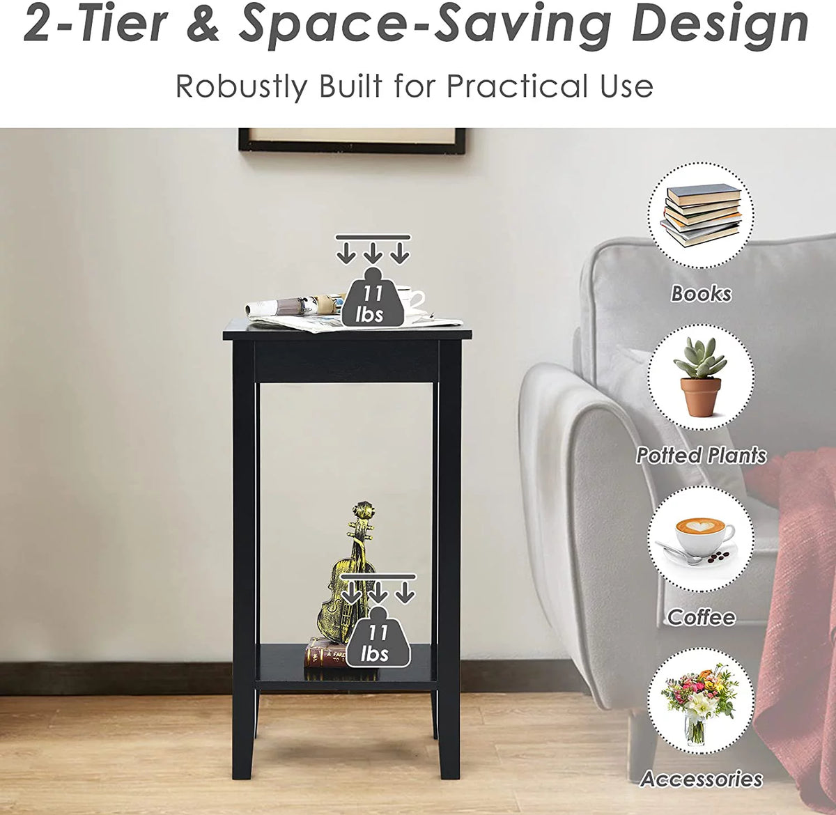 2-Tier End Table with Shelf and Wooden Legs I599463