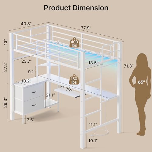 Brown Twin Loft Bed with L-Shaped Desk and LED Lights Q2719