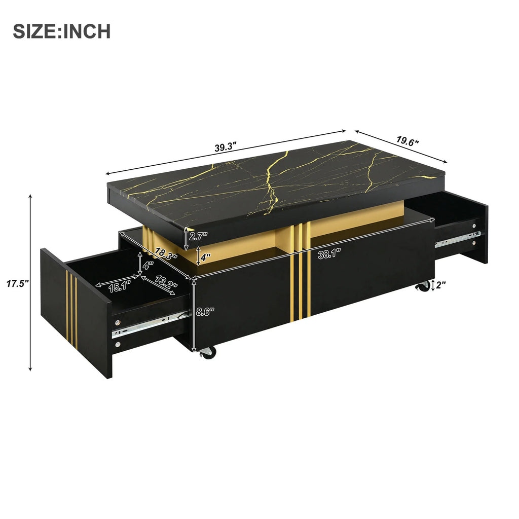 Black Faux Marble Coffee Table with Caster Wheels D9589