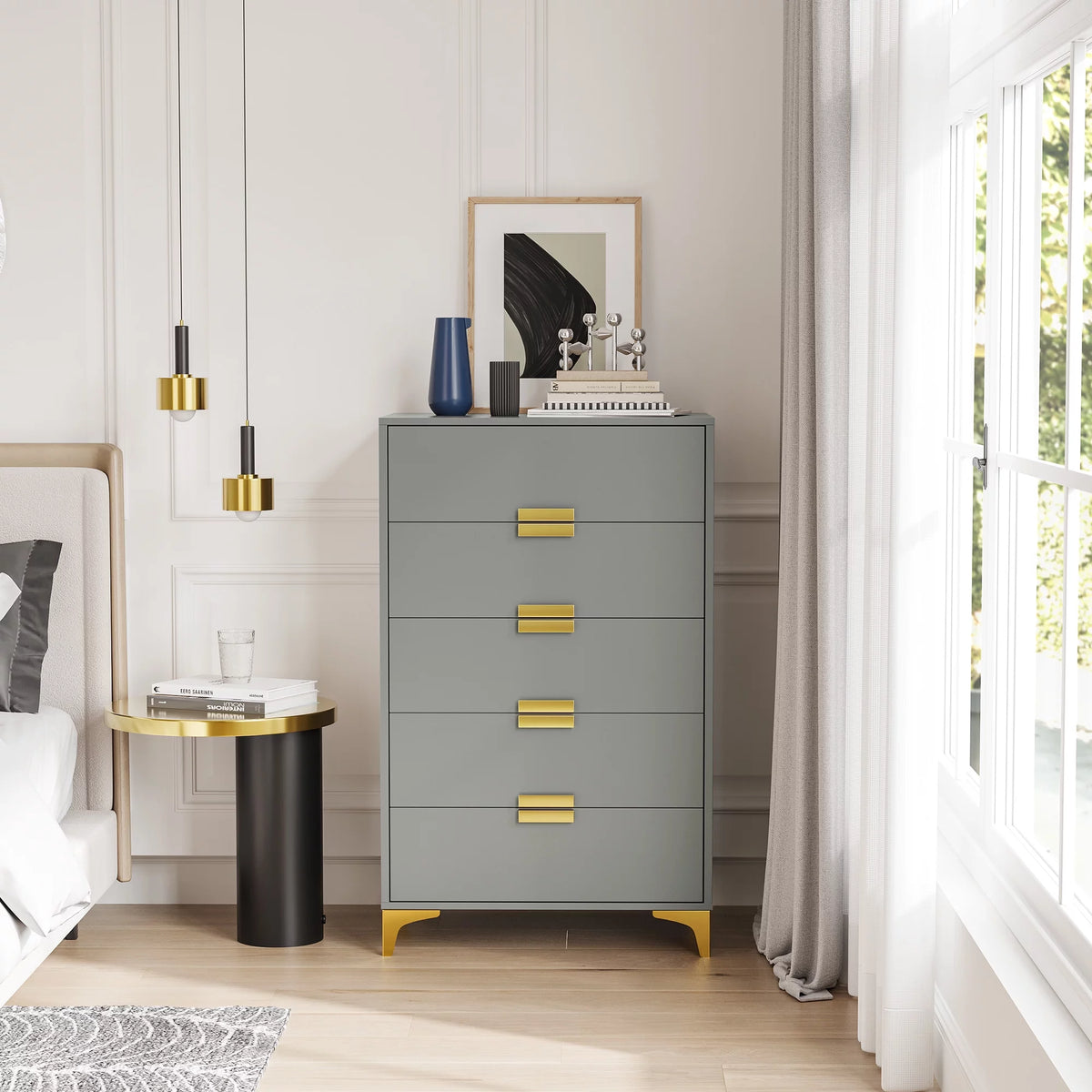 5 Drawer Solid Wood Dresser with Gold Metal Legs U921022