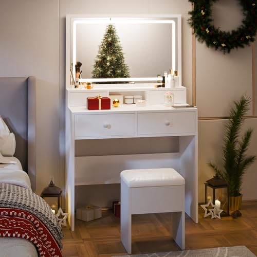 White Makeup Vanity with Lighted Mirror and Charging Station T20379