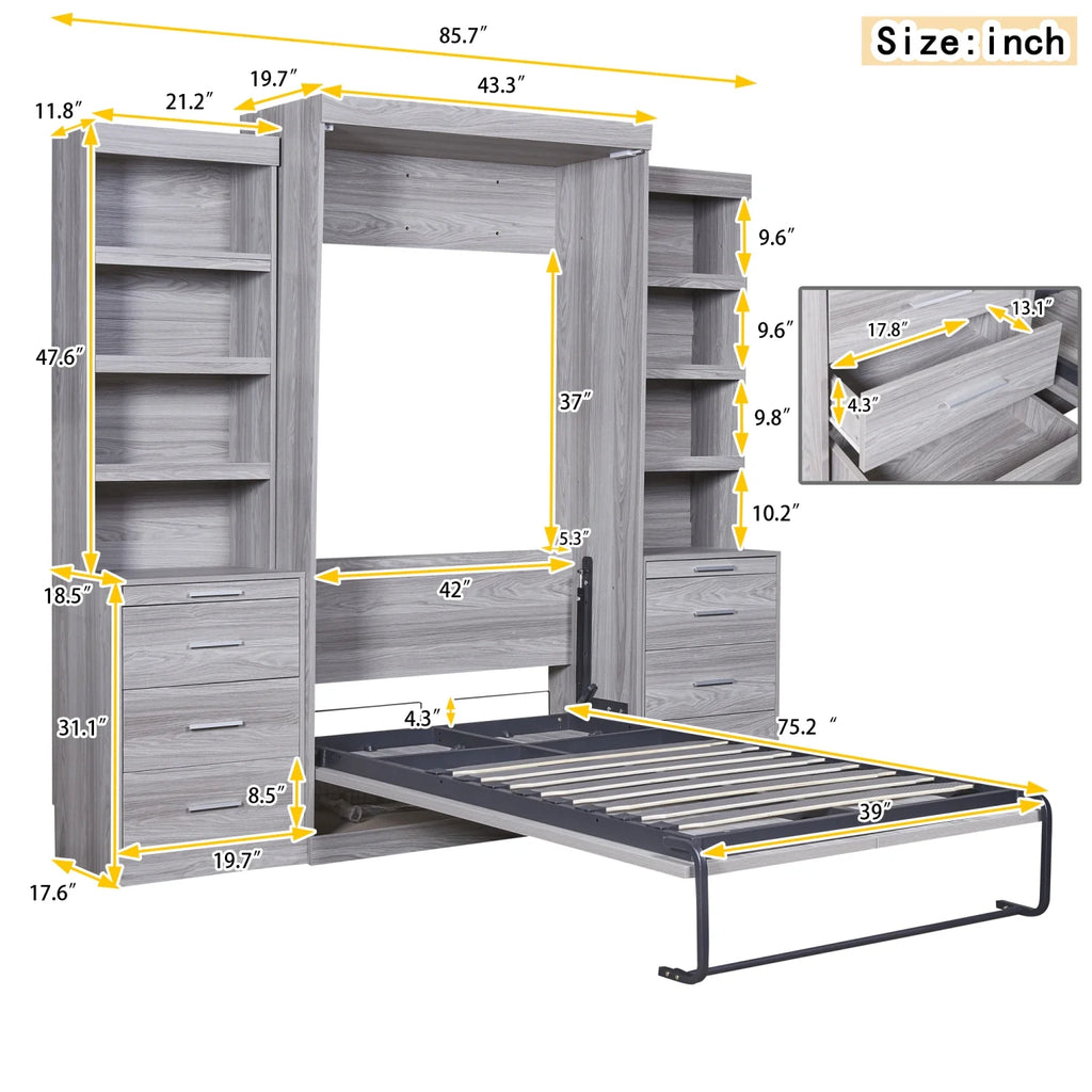 Twin Size Murphy Bed with Wardrobe and Drawers Y959