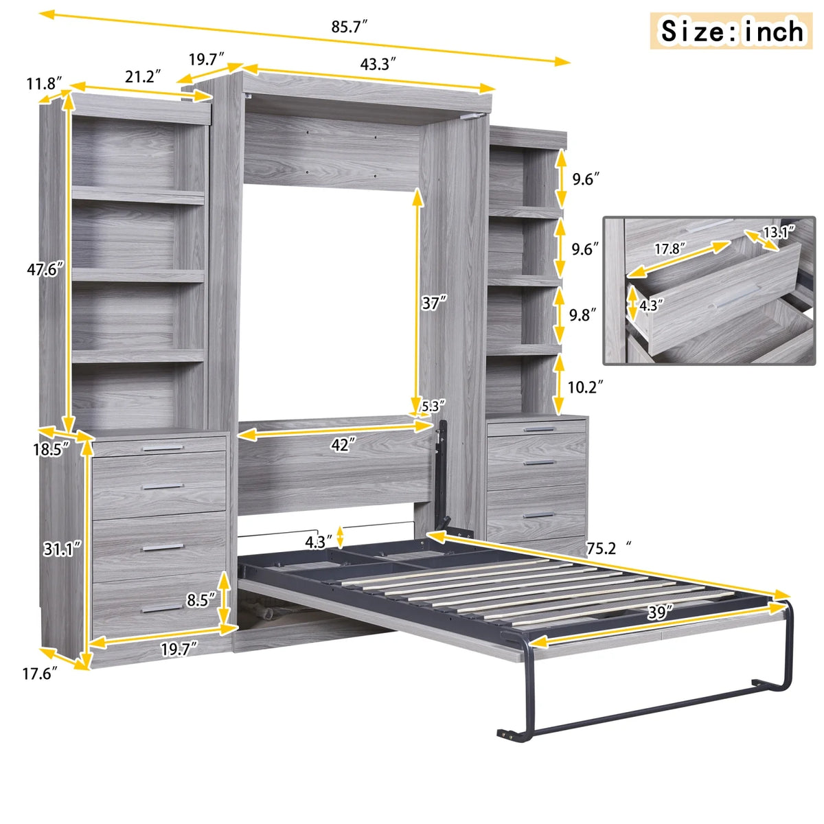 Twin Size Murphy Bed with Wardrobe and Drawers Y959
