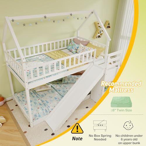 White Wood Twin Over Twin Bunk Bed with Slide and Staircase K670998